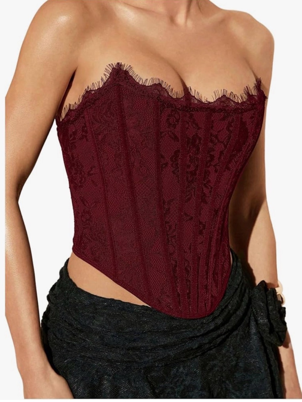 Amazon Strapless Lace Corset Bustier in Burgundy Wine